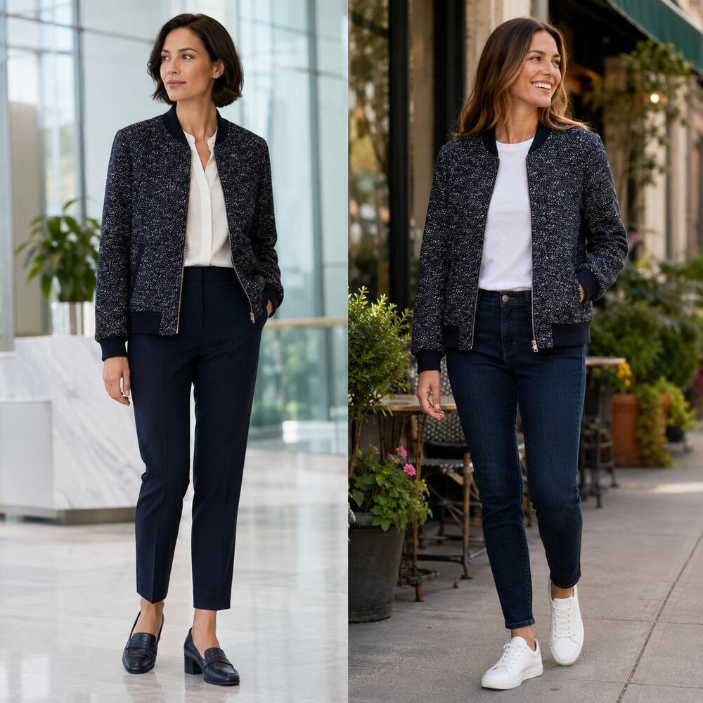 J.Crew Size 12 Deep Navy White Bouclé Tweed Wool Blend Bomber Jacket EUC